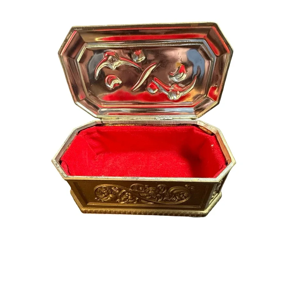 Vintage Gold Brass Floral‎ Embossed Metal Trinket Jewelry Box Red Velvet Coffin